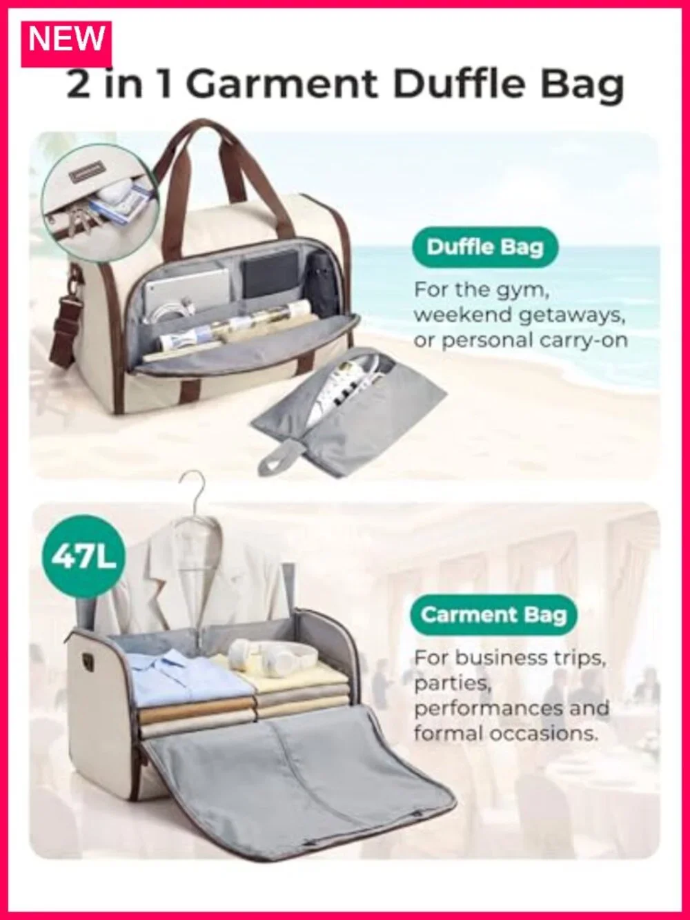 2-in-1 Garment Duffle Bag with Shoes Bag, 47L Carry-On, Travel Weekender